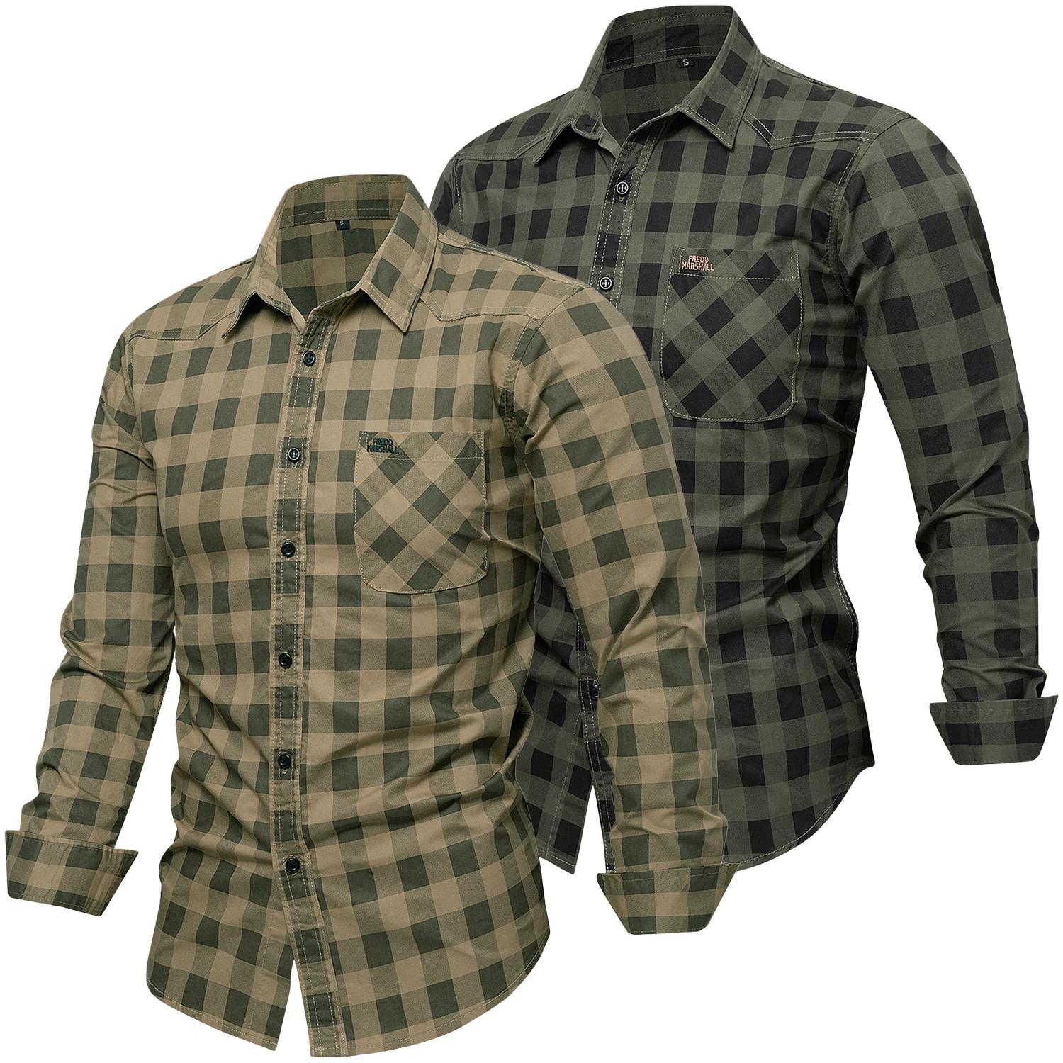 2025 automne nouvelle mode hommes 100% coton chemise à carreaux hauts décontracté boutonné à manches