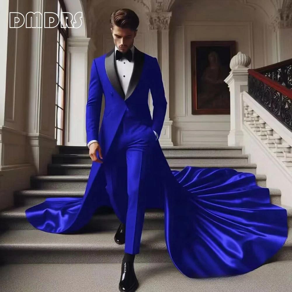 Ensemble de robe de costume de luxe pour hommes, veste avec longue traîne, col châle noir élégant, c