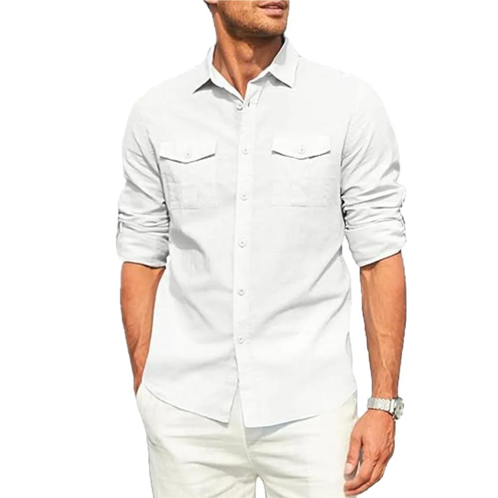 Chemise pour hommes Double poche coton lin chemise à manches longues décontracté chemise de vacances
