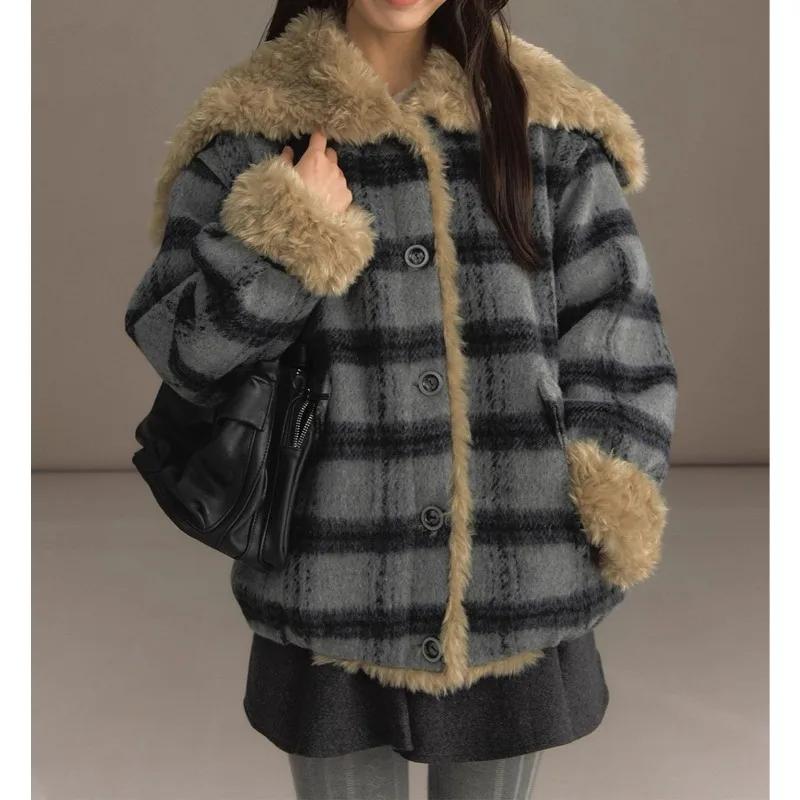 Academy – veste à carreaux à col bleu marine, haut ample en Tweed à capuche et col en fourrure, hive