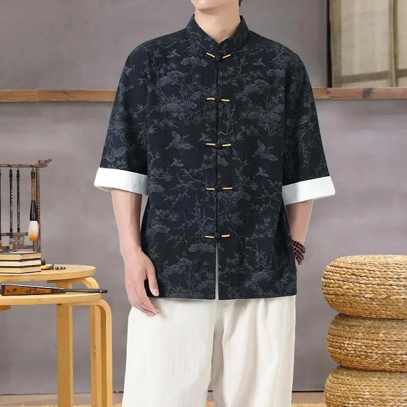 Chemise imprimée légère à col Mandarin pour hommes, Style chinois d'été, Design Oriental, vêtements