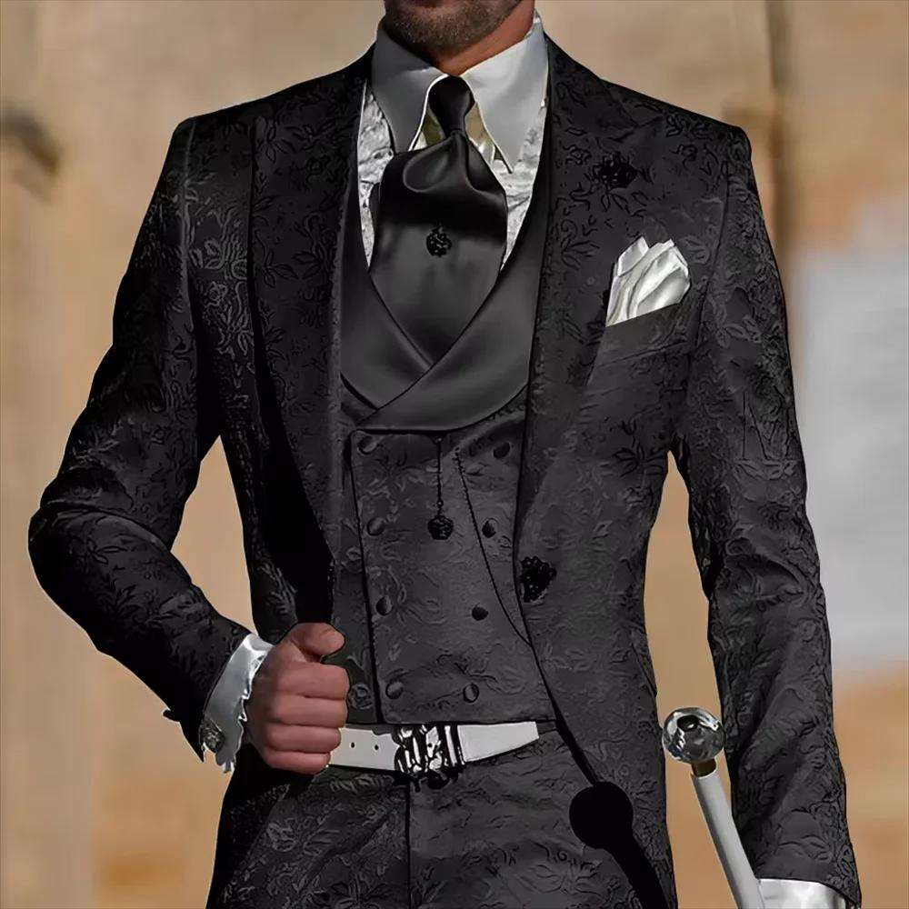 Costume de mariage pour homme en jacquard floral blanc, 3 pièces (veste, gilet, pantalon), coupe aju