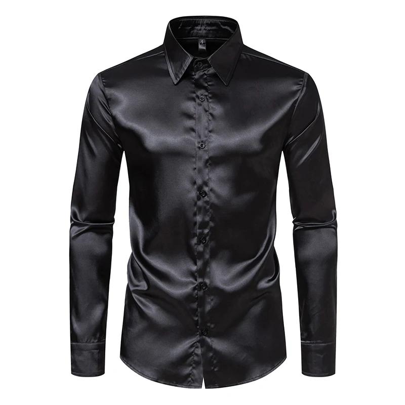 Chemises de luxe en Satin noir pour hommes, chemise de smoking lisse en soie, couleur unie, pour fêt