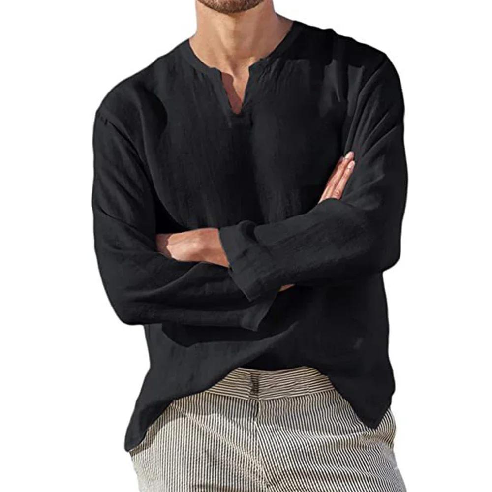 Chemise en coton et lin pour hommes, couleur unie, confortable, manches longues, dessus respirant, c
