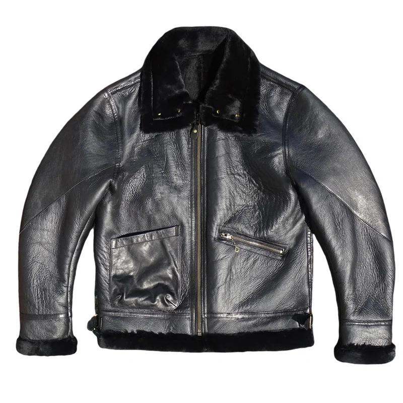 Veste en peau de mouton noire pour homme, style rétro, grande taille 5XL, véritable peau de mouton n