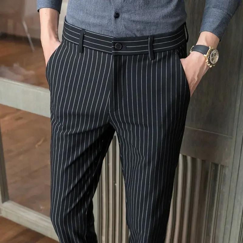 FJFor-Costumes droits à rayures pour hommes, pantalons de grande taille, vêtements de qualité supéri