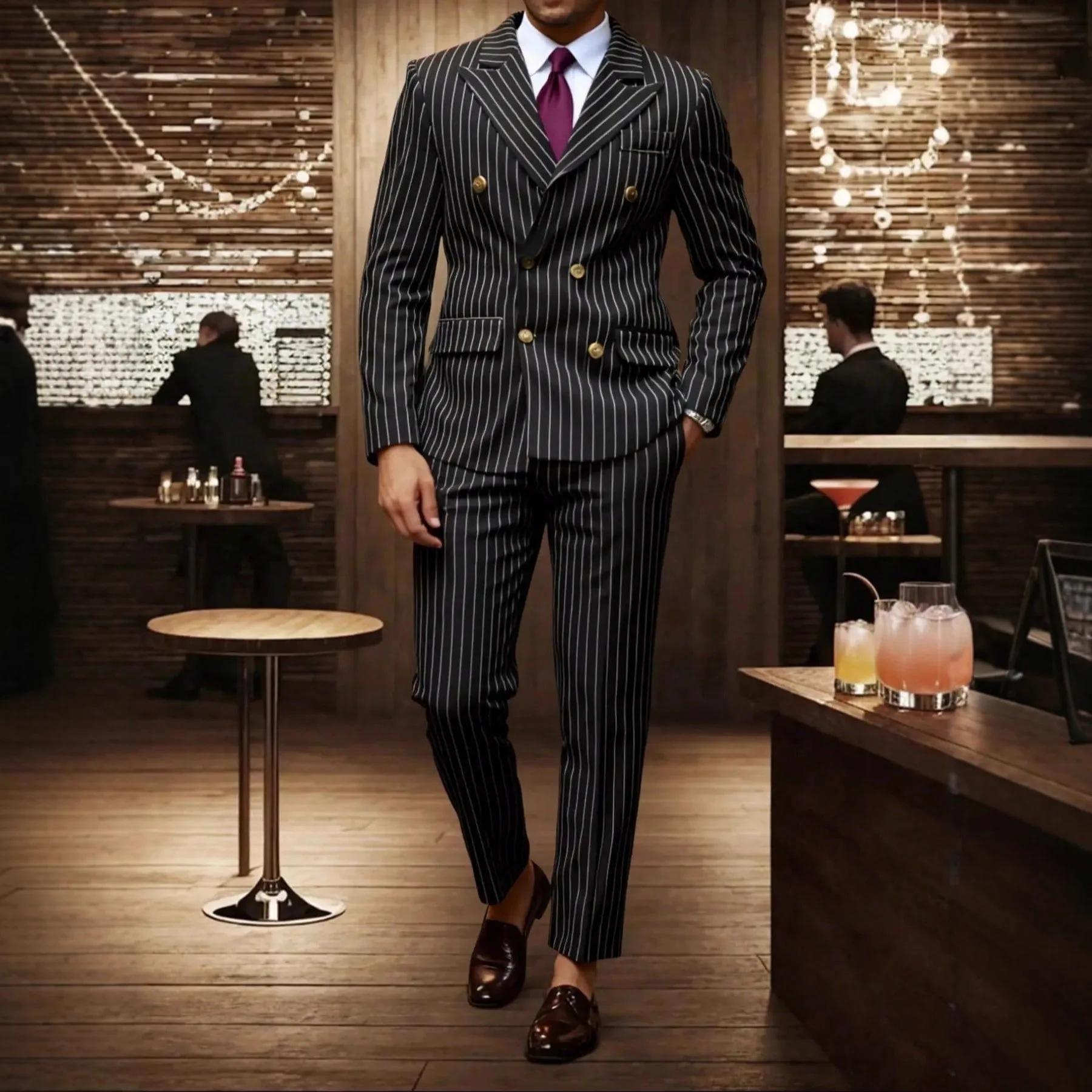 Costume Classique Marron Rayé pour Homme, Veste Simple Boutonnage et Pantalon, 2 Pièces, Smoking de