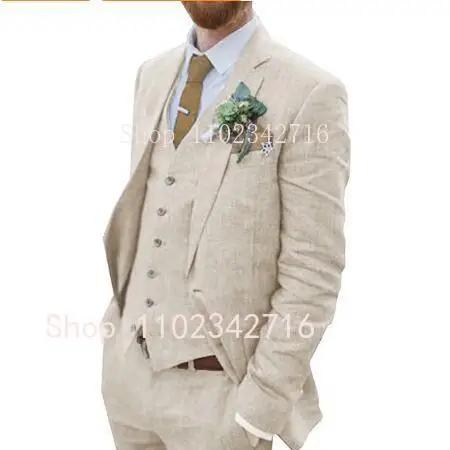Costume zones me 3 pièces en lin pour hommes, smoking de marié pour mariage, été plage, homme trempé