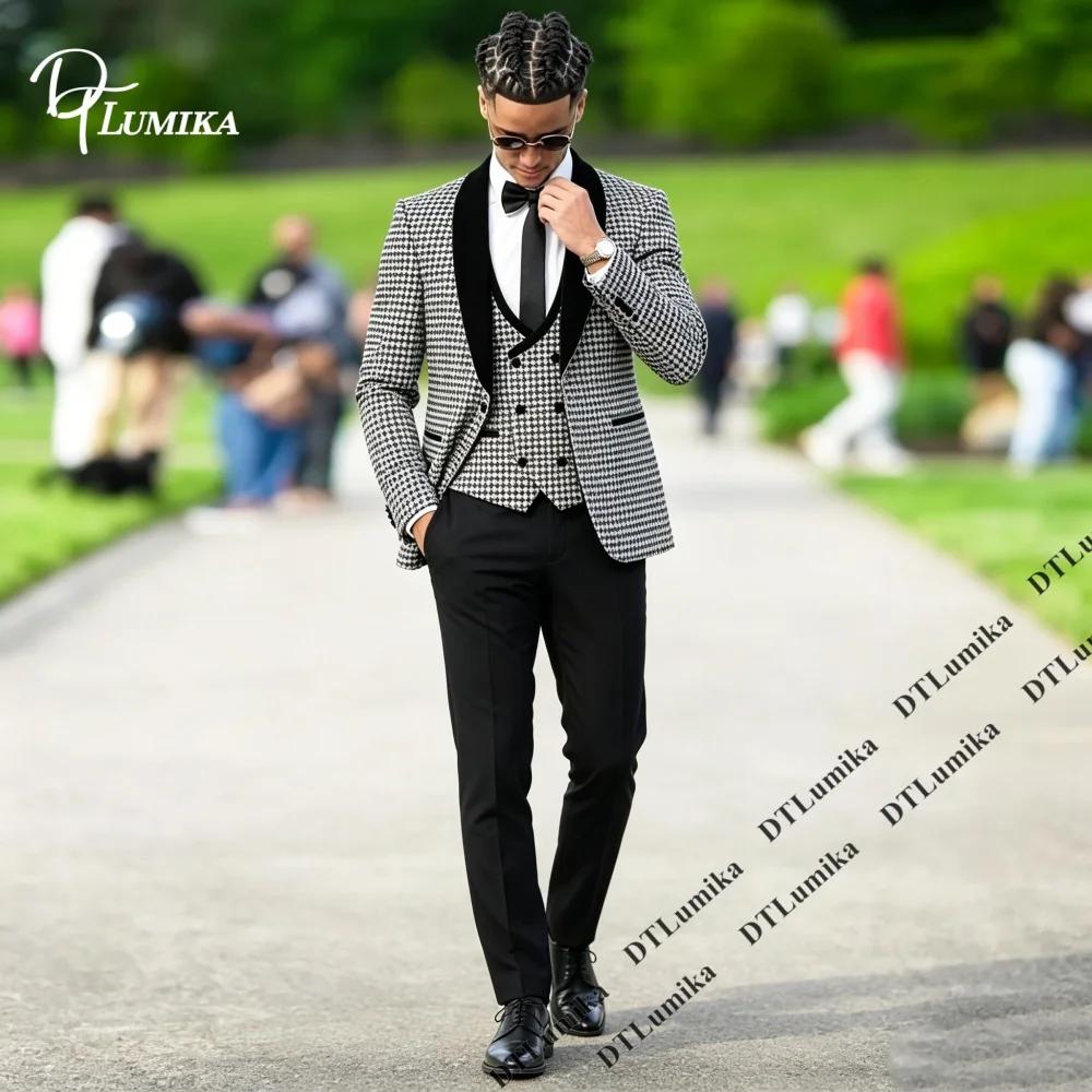 Costume trois pièces pour homme DTLumika à motif pied-de-poule (blazer + gilet + pantalon), costumes