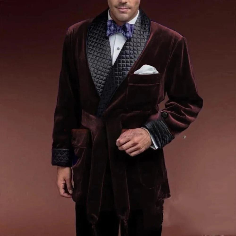 Vestes de costume de fumée en velours vert pour hommes, avec ceinture, Blazer de bal à revers noir,