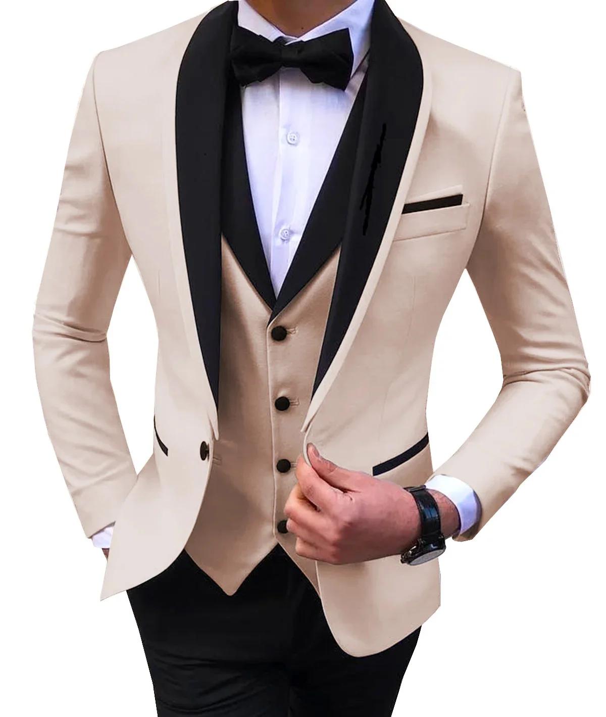 Costumes pour hommes à fente blanche 3 pièces, châle noir à revers, Tuxedos de marié décontractés po