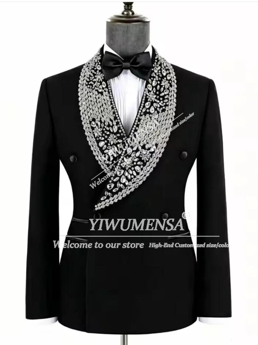 Costumes modernes pour hommes, ensembles 2 pièces, blazer croisé et pantalon, cristaux personnalisés
