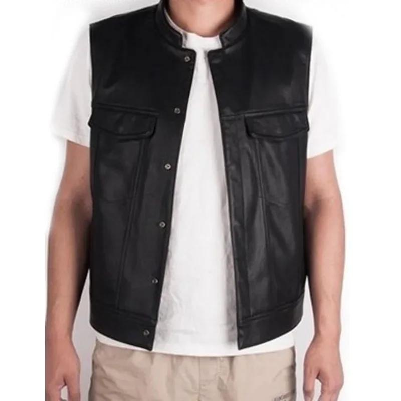 Gilet Homme Noir en Similicuir Style Motard Hip Hop Punk Printemps Sans Manches Grande Taille Décont