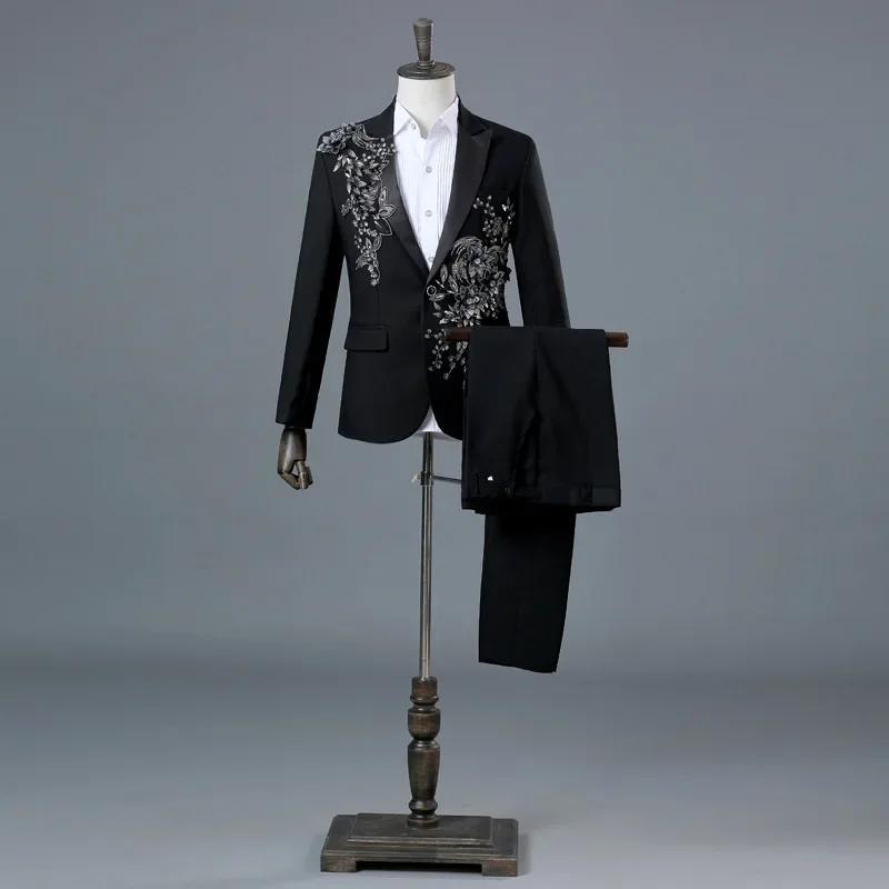 Costume noir pour hommes avec broderie florale argentée, ensemble de smoking formel 2 pièces pour sp