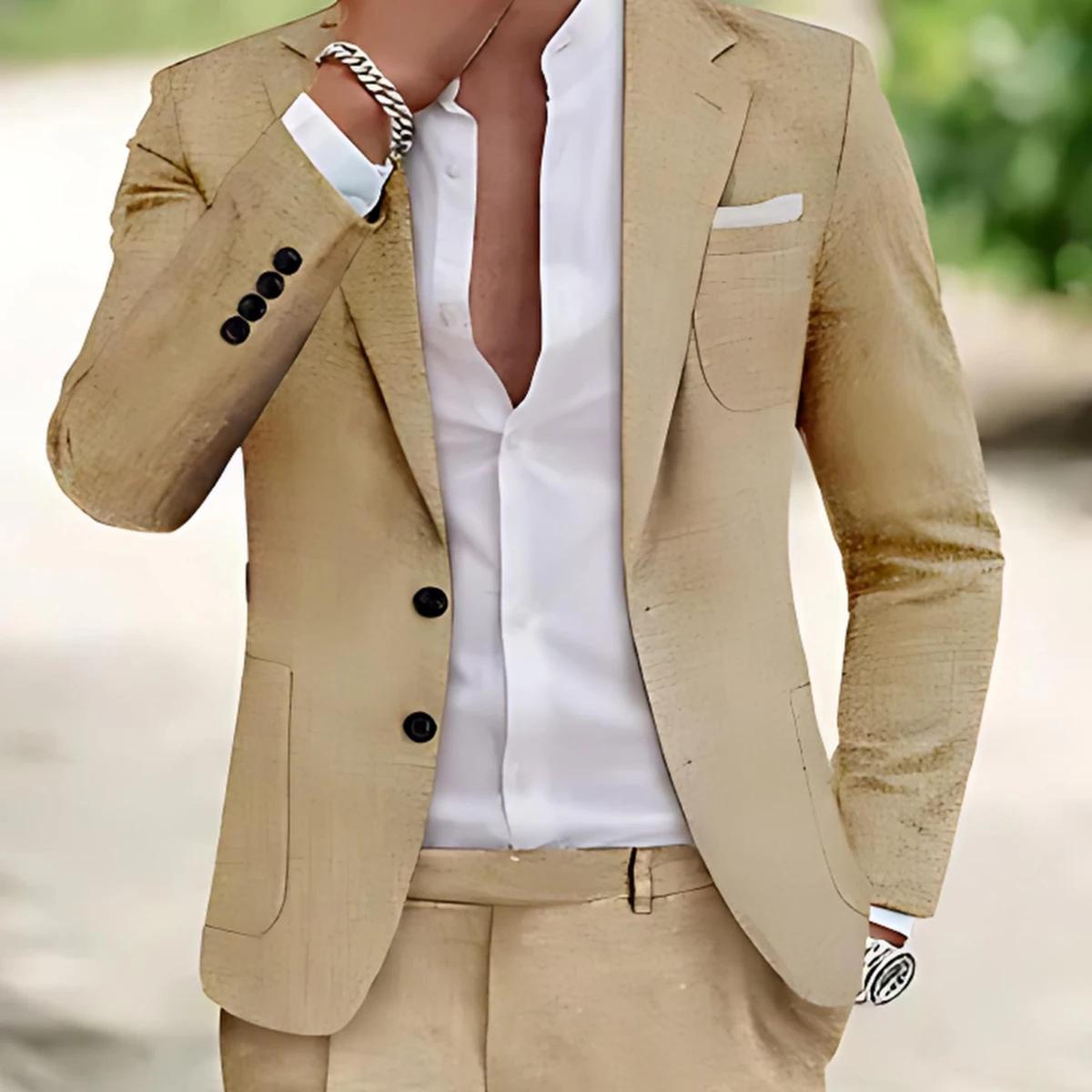 Costume décontracté Beige de Style britannique pour hommes, Blazer à simple boutonnage, revers, manc
