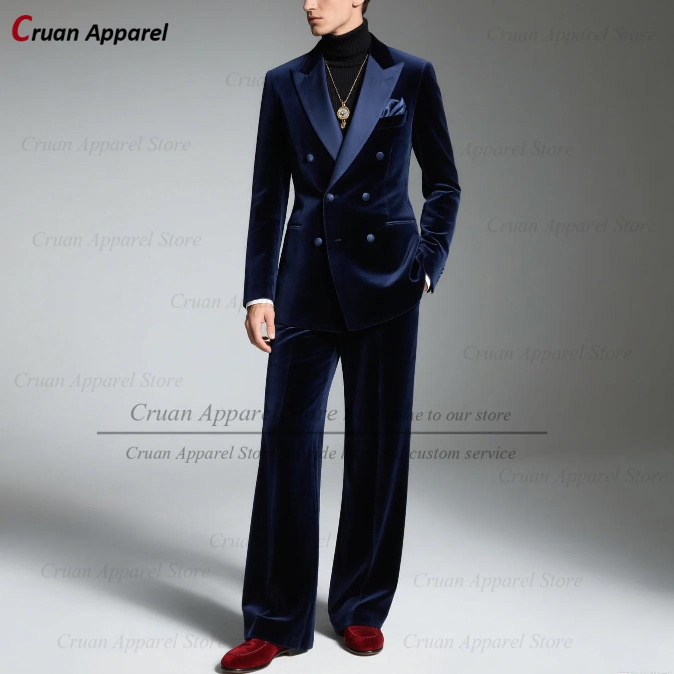 Costume Double boutonnage en velours bleu marine pour hommes, tenue de soirée, sur mesure, Blazer et