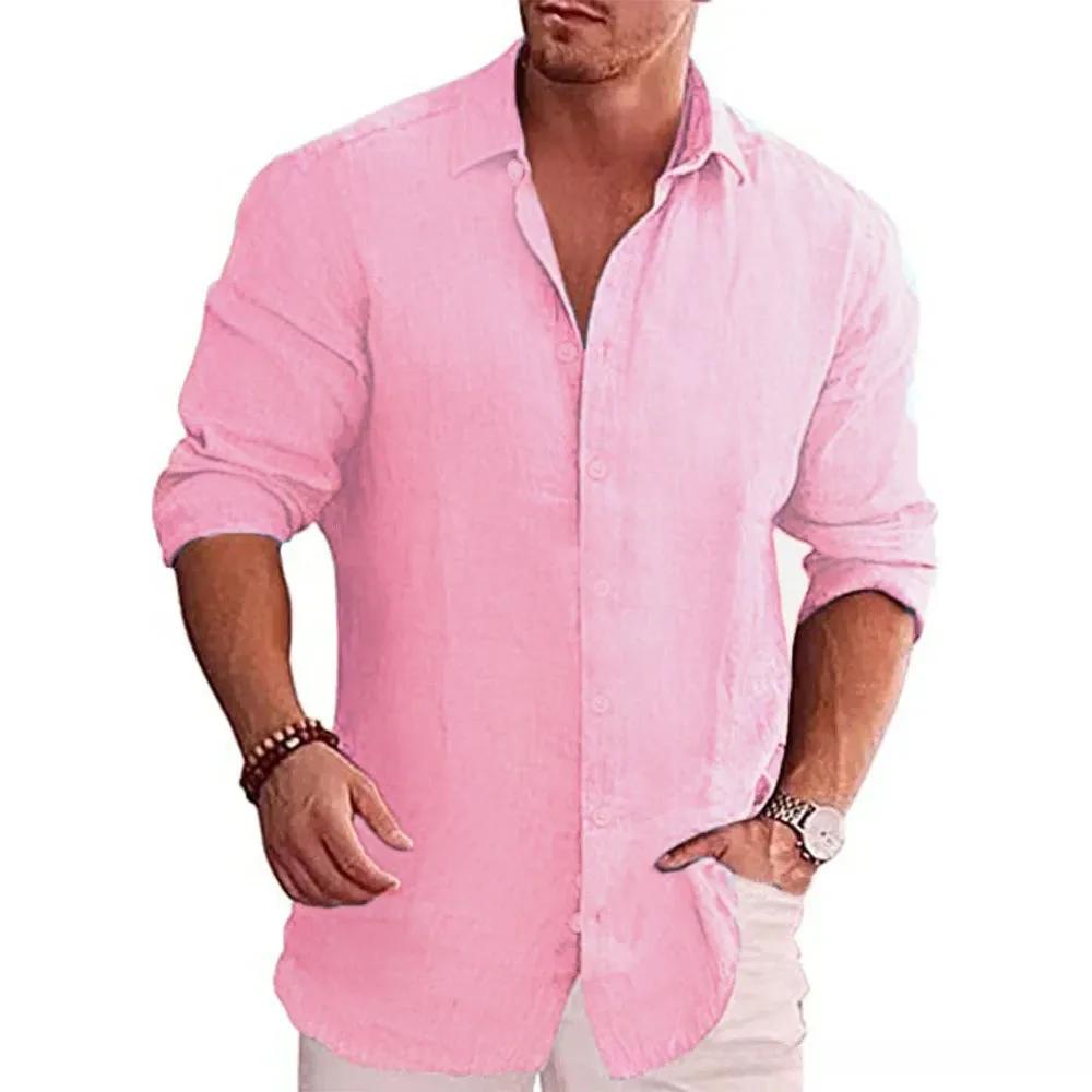 Chemise à manches longues pour hommes, en coton et lin, couleur unie, Style décontracté, grande tail