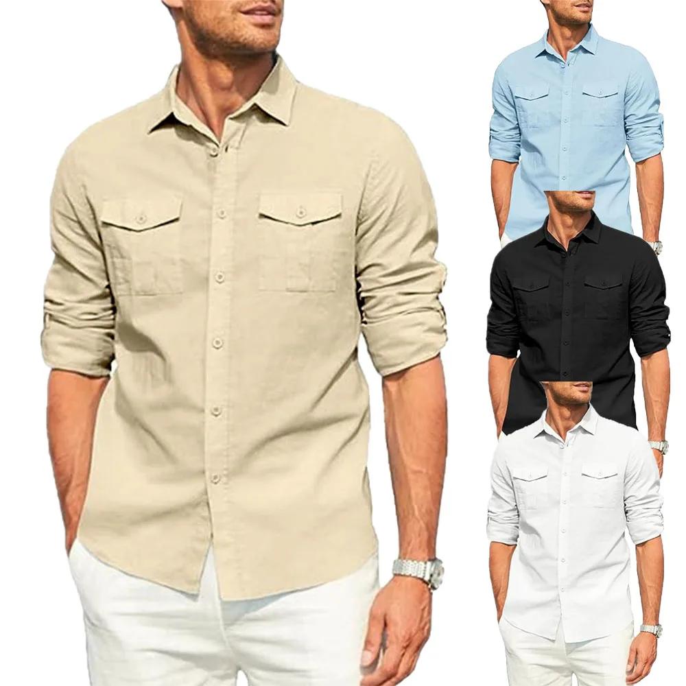 Chemise pour hommes Double poche coton lin chemise à manches longues décontracté chemise de vacances