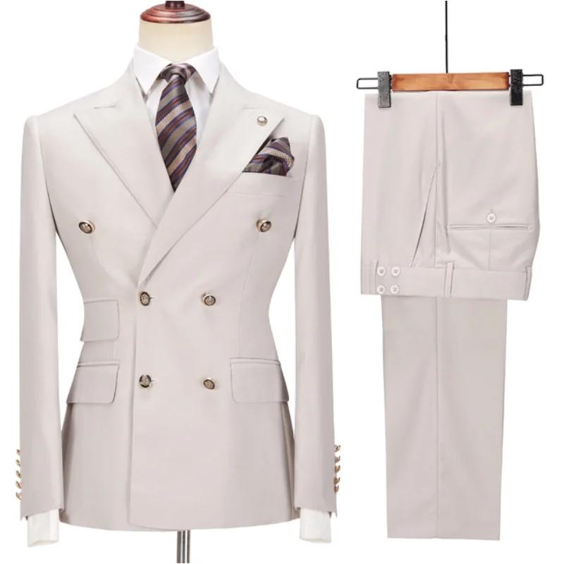 Costume 2 pièces Beige à Double boutonnage pour hommes, couleur unie, pour affaires, décontracté, ma