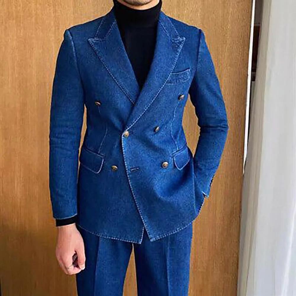 Denim Double boutonnage hommes costumes pic revers plat avant mâle vêtements de haute qualité décont