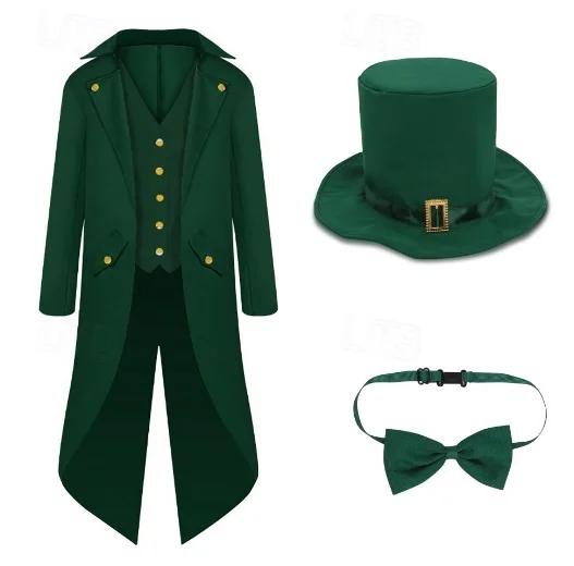 Tenue 3 pièces Costumes de lutin gothique Vintage Steampunk manteau de queue d'Halloween avec chapea