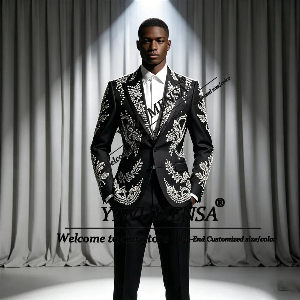 Costumes de mariage modernes pour hommes, veste et pantalon avec perles en cristal, ensembles 2 pièc