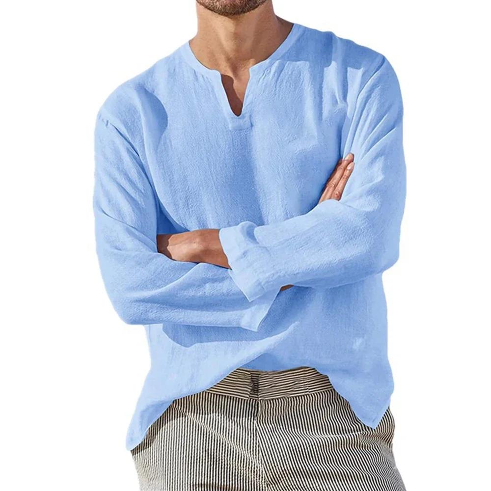 Chemise en coton et lin pour hommes, couleur unie, confortable, manches longues, dessus respirant, c