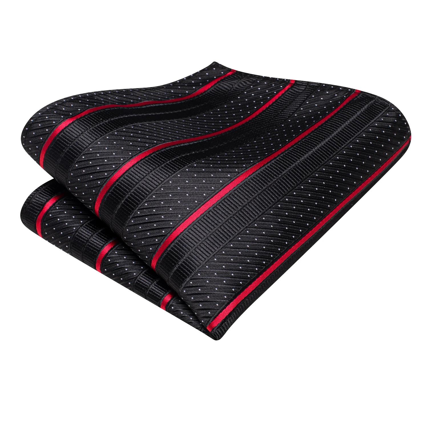 Cravate de mariage rayée noire et rouge pour homme, avec pochette de costume et boutons de manchette