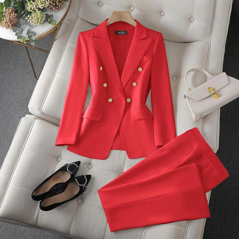 Ensemble 2 pièces de mode coréenne : Blazer à col rabattu et pantalon slim à manches longues pour fe