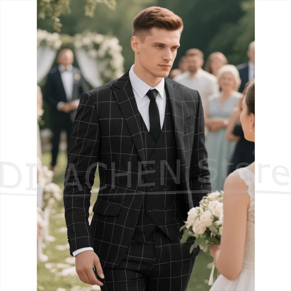Ensemble de costume 3 pièces à motif de grille pour hommes, Blazer ajusté, gilet, pantalon, tenue fo