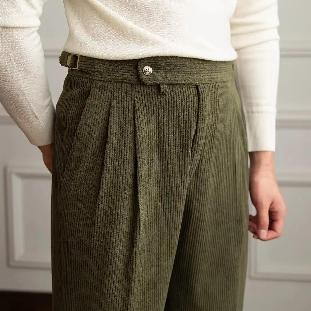 Costume classique italien de Style Naples pour hommes, pantalon en velours côtelé, taille haute, dro