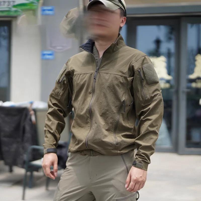 Veste tactique verte crocodile en nylon à peau d'orange, extensible sur quatre côtés, softshell, cou