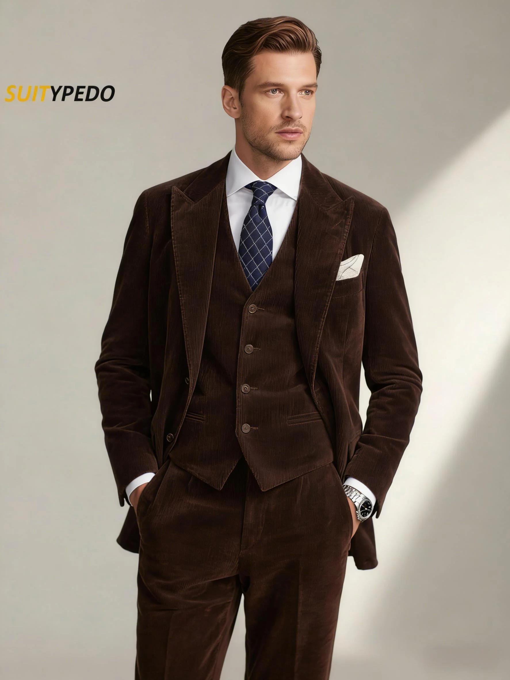 Ensemble de costume élégant en velours côtelé pour hommes, Blazer à revers, gilet et pantalon, 3 piè