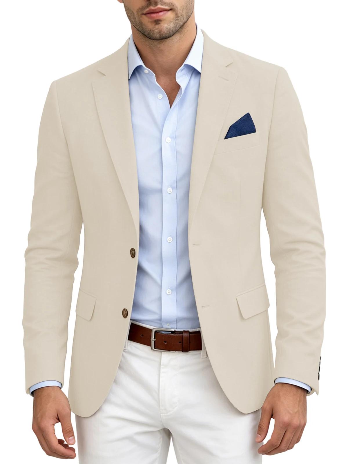Blazer en mélange de lin pour homme, revers cranté, deux boutons, veste de costume respirante pour a
