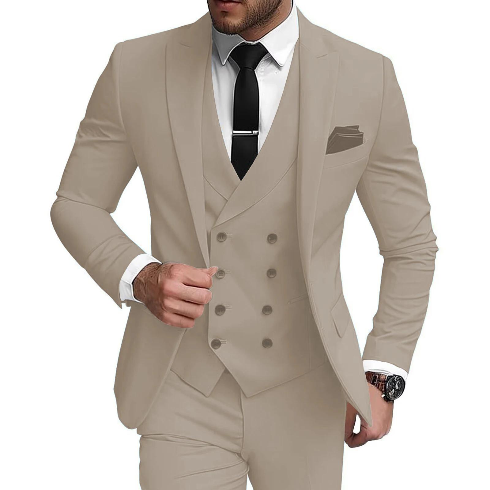 Costumes 3 pièces croisés pour hommes, coupe ajustée, pour mariage, blazer à un bouton, gilet et pan