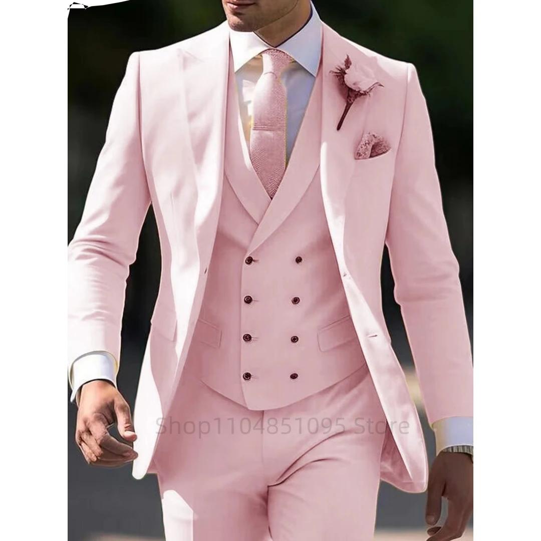 Costume 3 pièces rose élégant pour hommes, coupe cintrée, mode smoking de mariage, Blazer formel à r