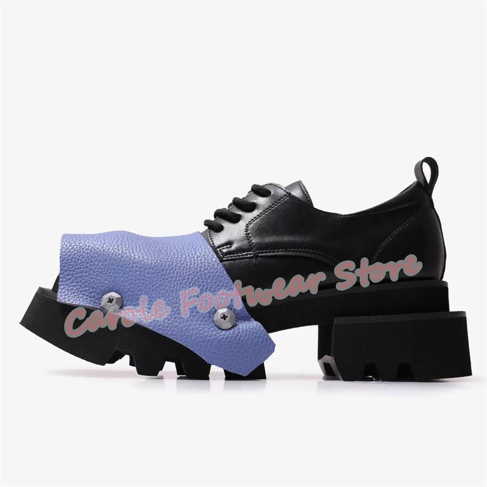 Mode couleur mixte cuir épissage Derby chaussures pour hommes Punk Rivet bout carré talon épais moca