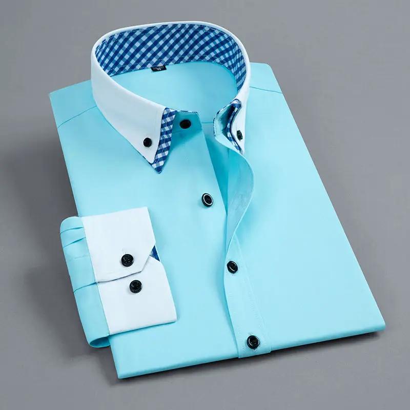 Chemise habillée à manches longues pour hommes Non fer Double couche affaires formelle coupe réguliè