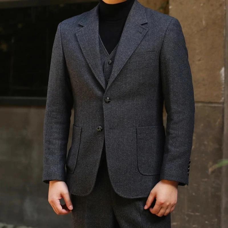 Costume en laine gris foncé épais et lourd pour homme, tenue décontractée, 3 boutons, 2, automne et