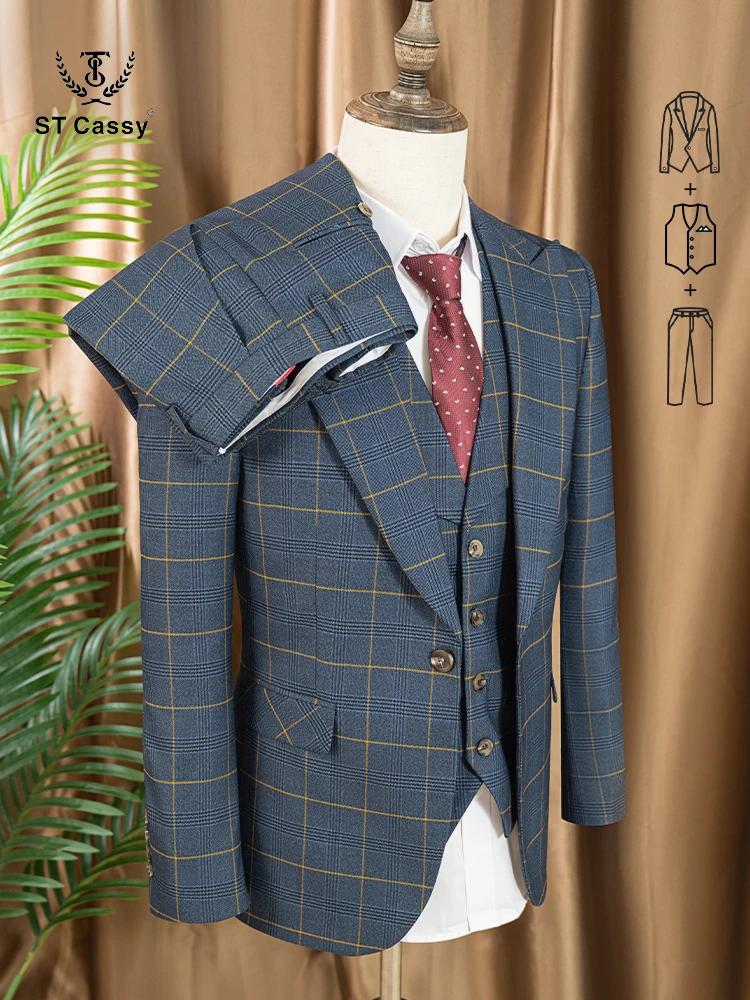 Ensemble de costume à carreaux 3 pièces de haute qualité, bleu foncé, élégant, pour le bureau, les m
