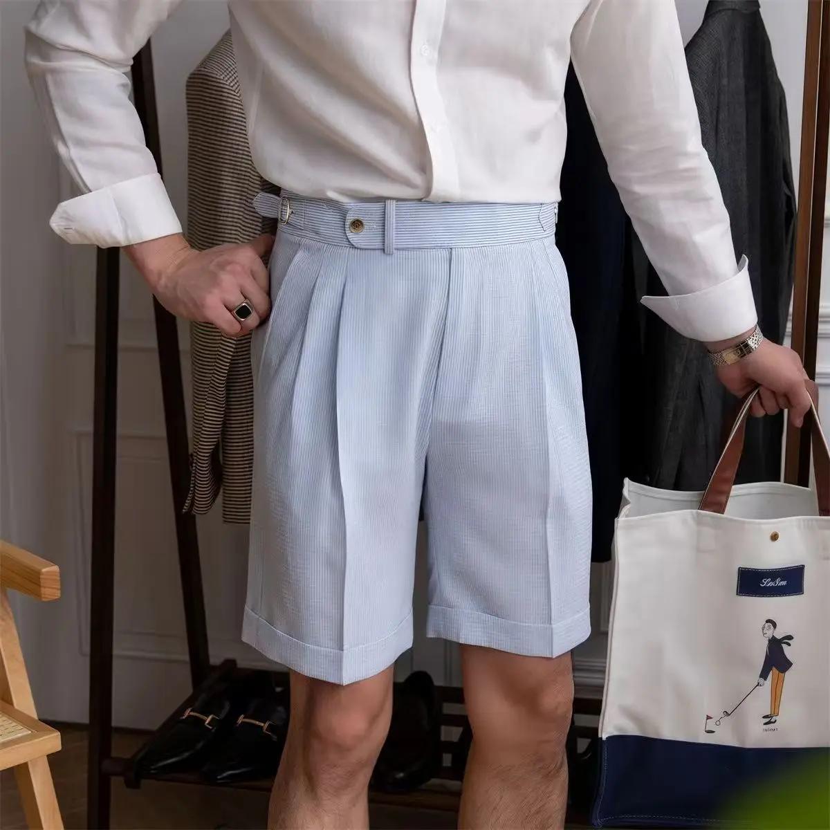 Style italien Naples costume Shorts hommes rayures bleues Seersucker taille haute Paris boucle mode
