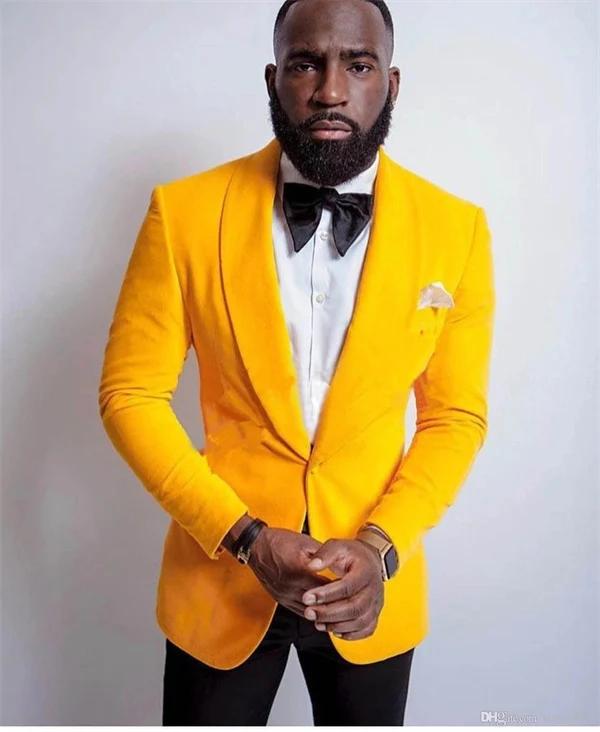 Velours jaune hommes costume veste une pièce bal Blazer pour mariage garçons d'honneur châle revers