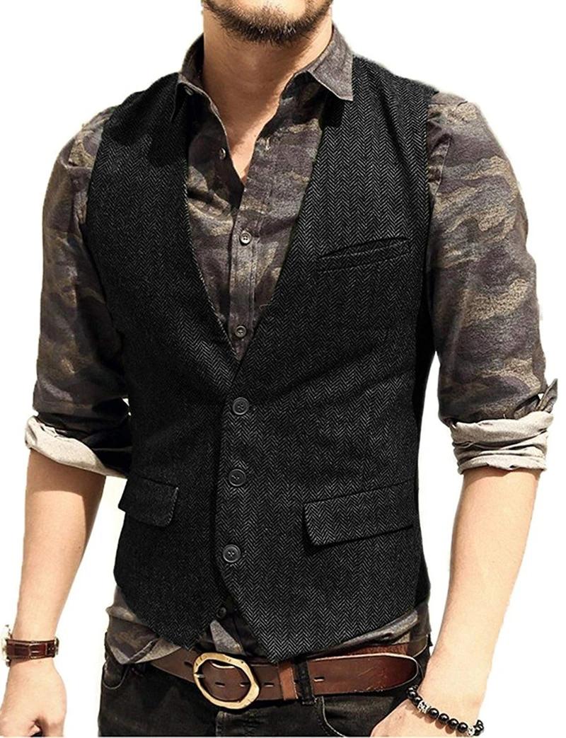 Gilet de costume classique à col en V profond, motif chevrons, coupe ajustée pour homme, idéal pour