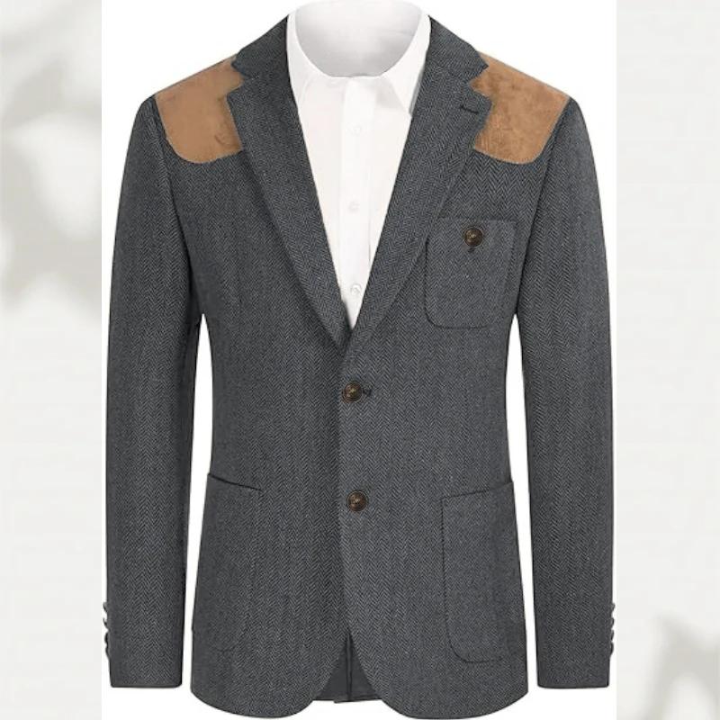Blazer décontracté rétro pour homme en tweed à chevrons, veste de costume formel style western, méla