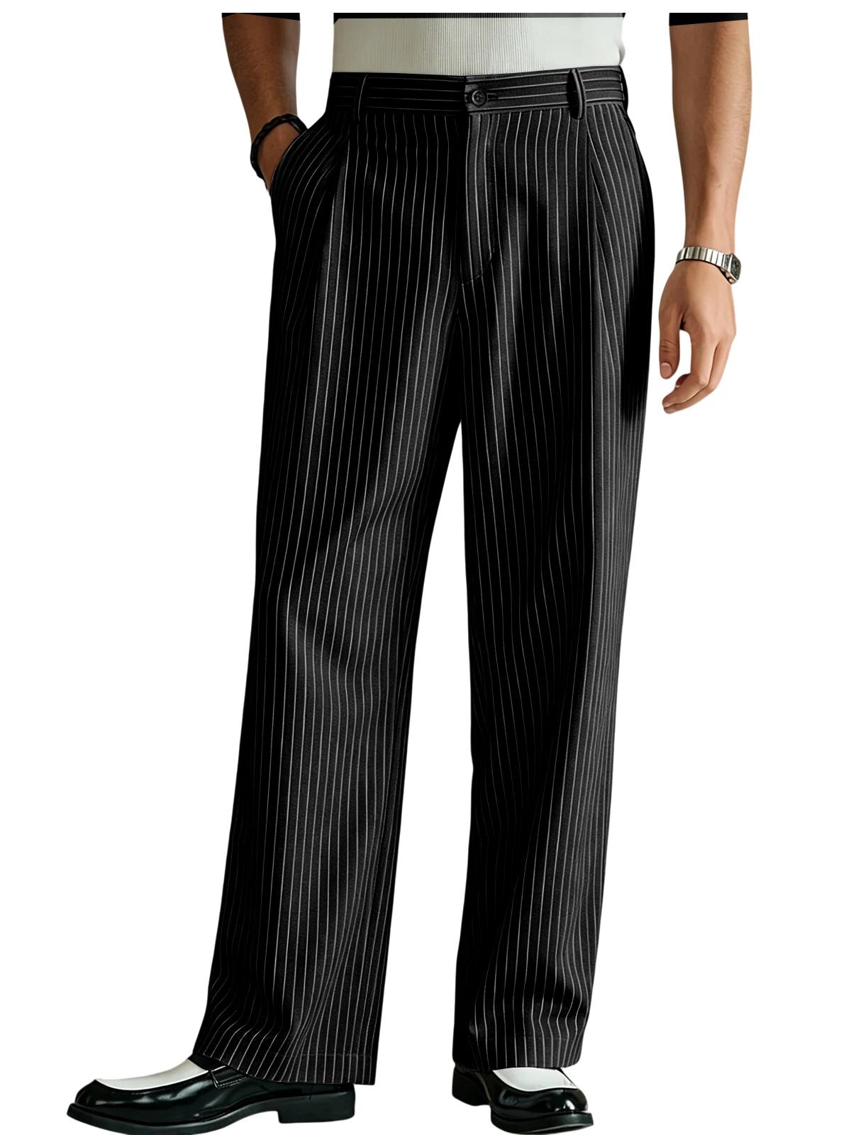 Pantalon de costume vintage pour homme, à fines rayures, taille haute, plissé, coupe large, droit et