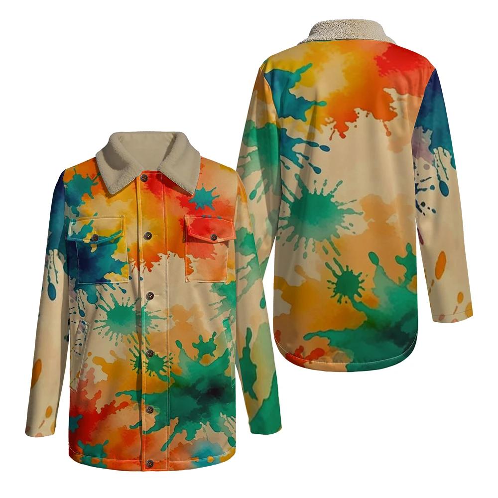Veste de couleur dégradée pour hommes, manteau aquarelle coloré avec col en fausse fourrure en peluc