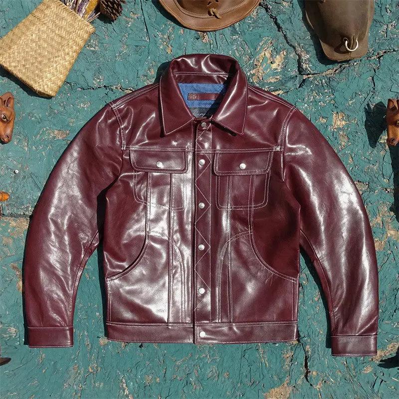 Veste en cuir de mouton tanné végétal bordeaux pour homme, manteau authentique de luxe robuste et du