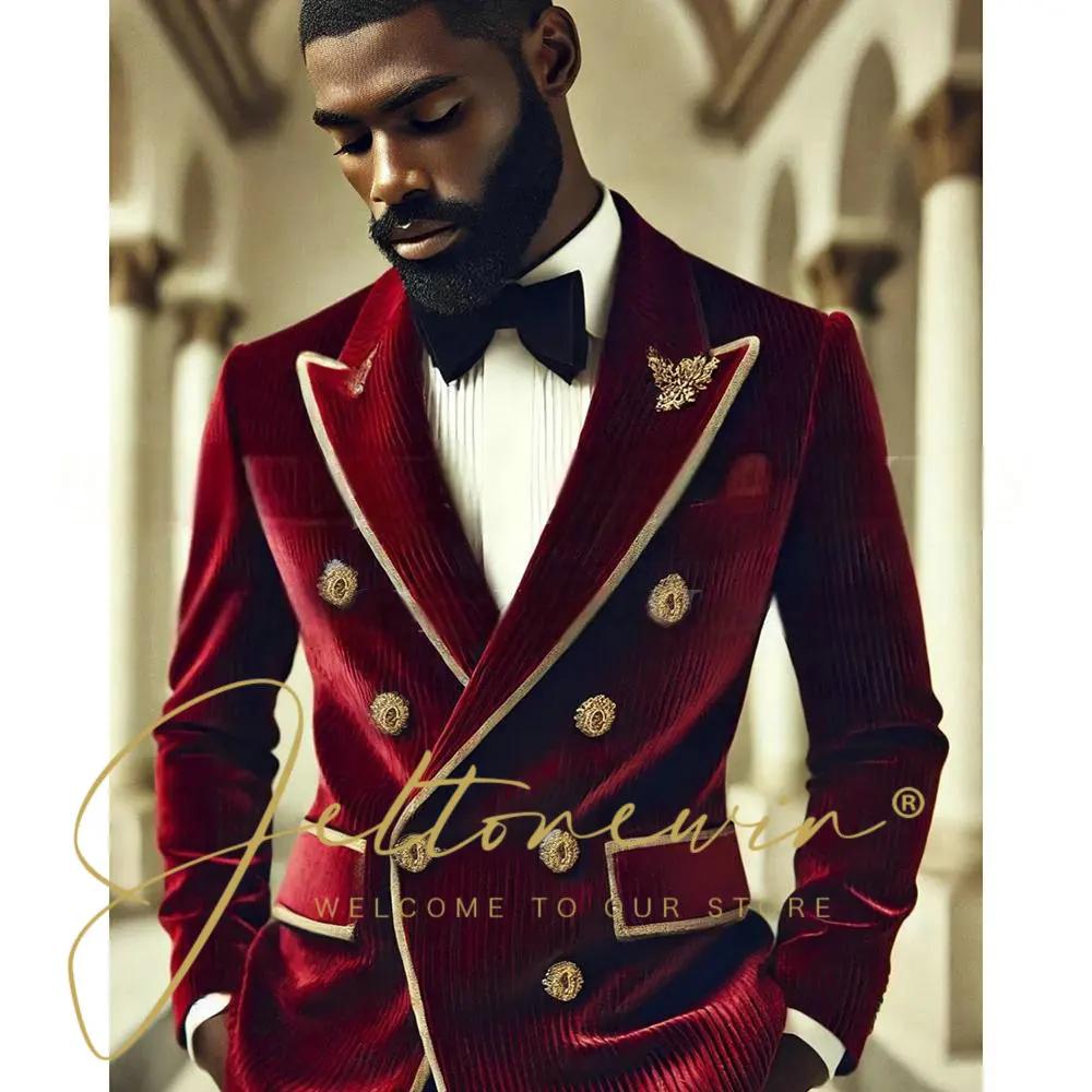 Costume élégant en velours côtelé bordeaux pour hommes, Double boutonnage, boutons dorés, vêtements