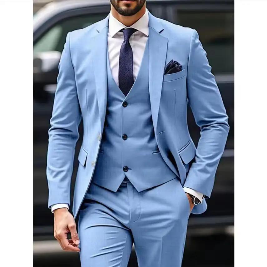 Costumes 3 pièces bleu clair pour hommes, veste et pantalon, blazer de mariage formel, revers cranté