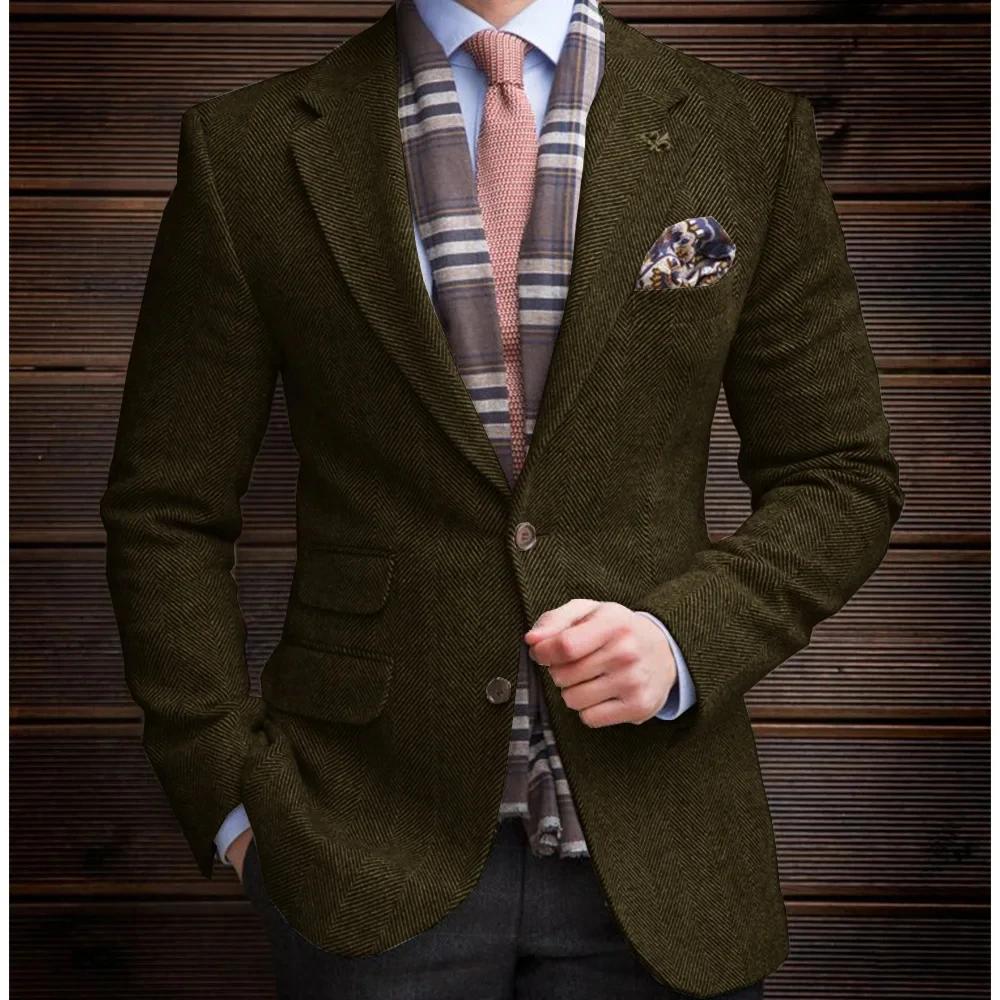 2025 Blazer Vintage en Tweed à chevrons pour hommes, mélange de laine britannique, Double boutonnage